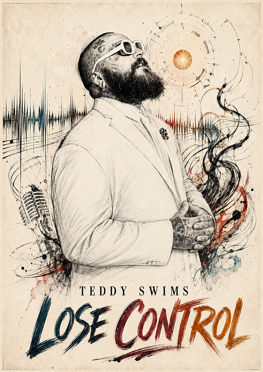 Artistic illustration of singer Teddy Swims with his hit track title Lose Control styled in a modern sketch aesthetic